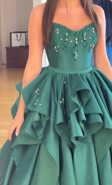 Dark Green Ball Gown Strapless Satin Beaded Without Sleeves Long Prom Dress, Evening Dress C6336