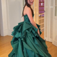 Dark Green Ball Gown Strapless Satin Beaded Without Sleeves Long Prom Dress, Evening Dress C6336