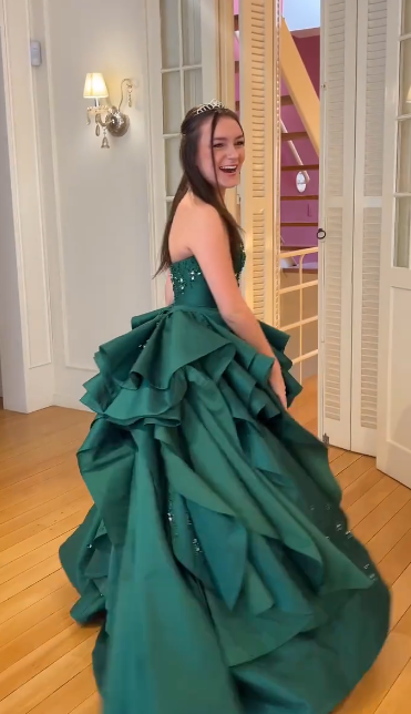 Dark Green Ball Gown Strapless Satin Beaded Without Sleeves Long Prom Dress, Evening Dress C6336