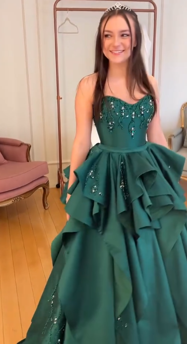 Dark Green Ball Gown Strapless Satin Beaded Without Sleeves Long Prom Dress, Evening Dress C6336