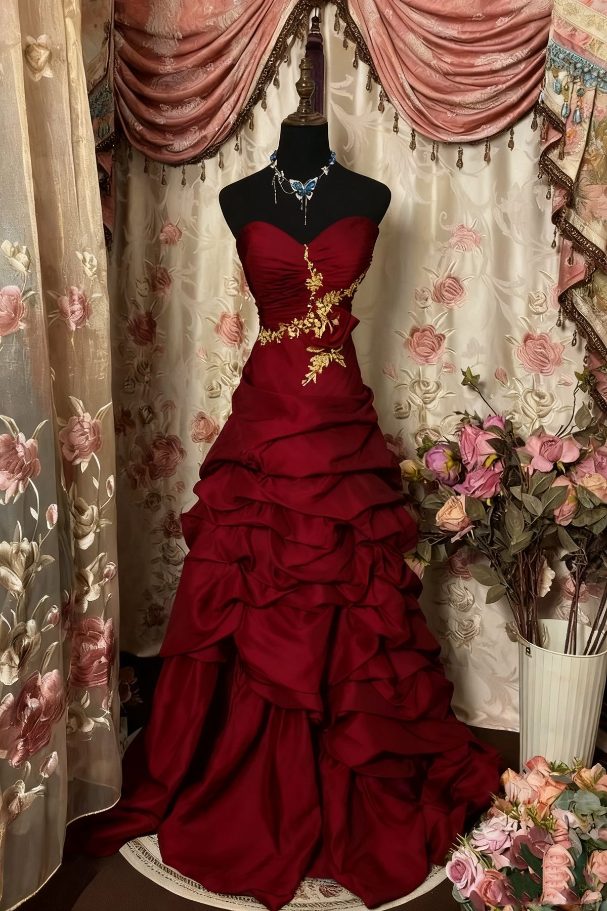 Vintage Burgundy A Line Strapless Satin Embroidery Without Sleeves Long Prom Dress, Evening Dress C6338