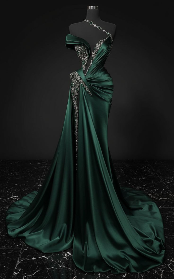 Charming Dark Green Mermaid Strapless Satin Beaded Without Sleeves Long Prom Dress, Evening Dress C6340