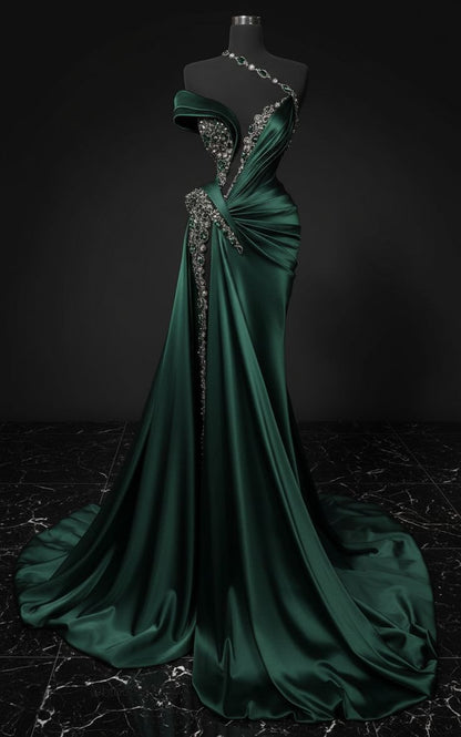 Charming Dark Green Mermaid Strapless Satin Beaded Without Sleeves Long Prom Dress, Evening Dress C6340