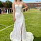 Elegant White Mermaid Spaghetti Straps Satin Lace Slit Without Sleeves Long Prom Dress, Evening Dress C6342