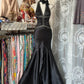 Retro Black Halter Mermaid Satin Beaded Backless Without Sleeves Long Prom Dress, Evening Dress C6343