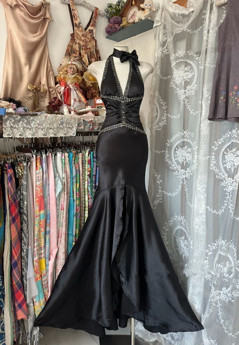 Retro Black Halter Mermaid Satin Beaded Backless Without Sleeves Long Prom Dress, Evening Dress C6343