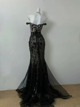 Robe de bal longue sirène noire chic, épaules dénudées, en dentelle sans manches, robe de soirée C6348