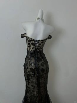 Robe de bal longue sirène noire chic, épaules dénudées, en dentelle sans manches, robe de soirée C6348