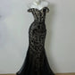 Robe de bal longue sirène noire chic, épaules dénudées, en dentelle sans manches, robe de soirée C6348