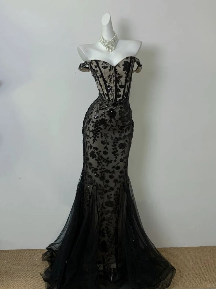 Robe de bal longue sirène noire chic, épaules dénudées, en dentelle sans manches, robe de soirée C6348