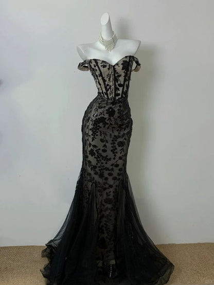 Robe de bal longue sirène noire chic, épaules dénudées, en dentelle sans manches, robe de soirée C6348