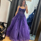 Classy Purple A Line Spaghetti Staps Tulle Lace Without Sleeves Long Prom Dress, Evening Dress C6354