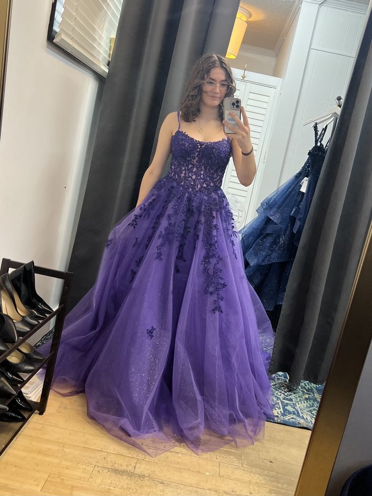 Classy Purple A Line Spaghetti Staps Tulle Lace Without Sleeves Long Prom Dress, Evening Dress C6354