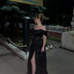 Glitter Fashion Black A Line Off The Shoulder Sequin Slit Without Sleeves Long Prom Dress, Evening Dress C6357