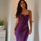 Robe de bal longue sirène en satin violet à fines bretelles spaghetti, sans manches, modèle C6361