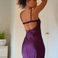 Robe de bal longue sirène en satin violet à fines bretelles spaghetti, sans manches, modèle C6361