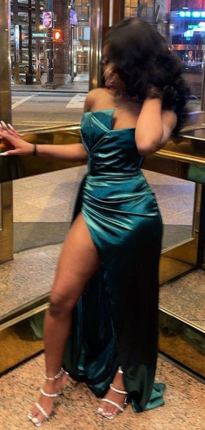 Chic Strapless Mermaid Teal Pleated Satin Slit Without Sleeves Long Prom Dress, Evening Dress C6368
