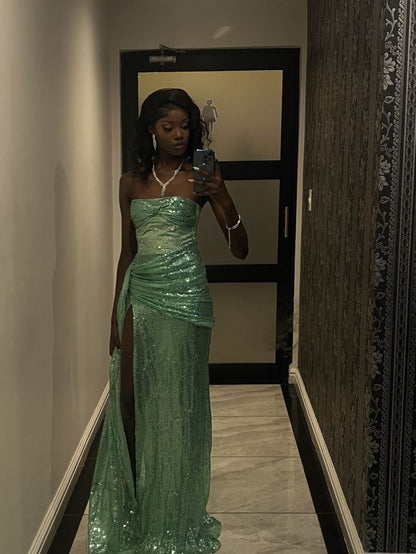 Shiny Strapless Mermaid Pleated Sequin Slit Without Sleeves Long Prom Dress, Evening Dress C6369