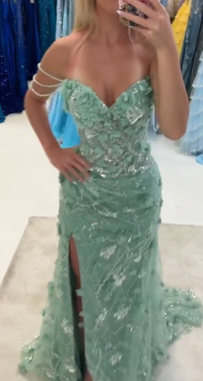 Pretty Mint Green Off The Shoulder Satin Tulle Sequin Mermaid Slit Applique Without Sleeves Long Prom Dress, Evening Dress C6371