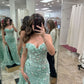 Pretty Mint Green Off The Shoulder Satin Tulle Sequin Mermaid Slit Applique Without Sleeves Long Prom Dress, Evening Dress C6371
