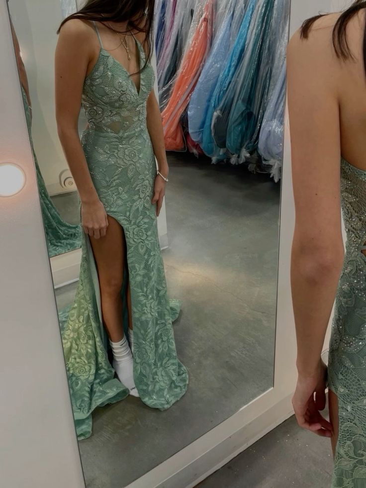 Chic Spaghetti Straps Satin Lace Mermaid Beaded Slit Without Sleeves Long Prom Dress, Evening Dress C6372