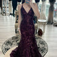 Shiny V Neck Grape Satin Sequin Mermaid Without Sleeves Long Prom Dress, Evening Dress C6373