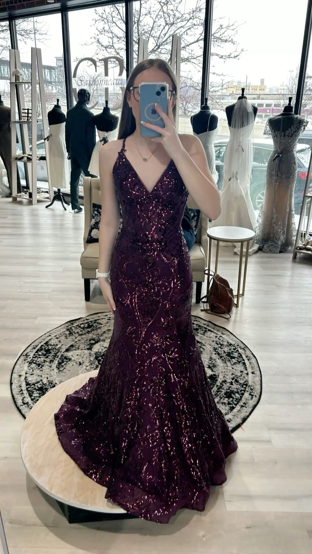 Shiny V Neck Grape Satin Sequin Mermaid Without Sleeves Long Prom Dress, Evening Dress C6373