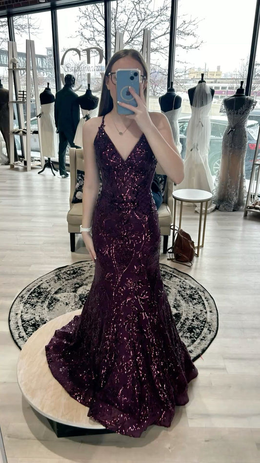 Shiny V Neck Grape Satin Sequin Mermaid Without Sleeves Long Prom Dress, Evening Dress C6373