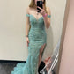 Pretty Mermaid Mint Green Off The Shoulder Tulle Sequin Slit Without Sleeves Long Prom Dress, Evening Dress C6374