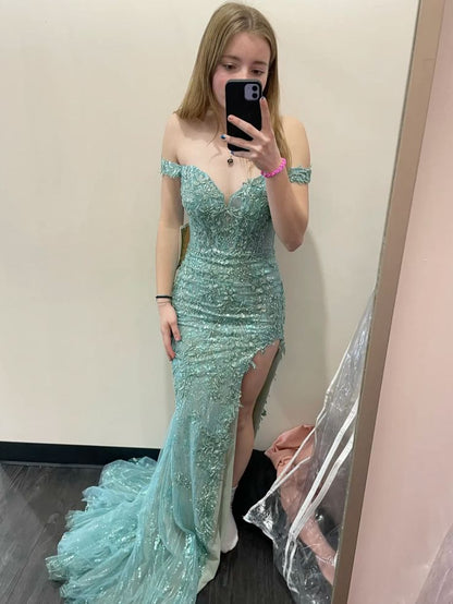 Pretty Mermaid Mint Green Off The Shoulder Tulle Sequin Slit Without Sleeves Long Prom Dress, Evening Dress C6374
