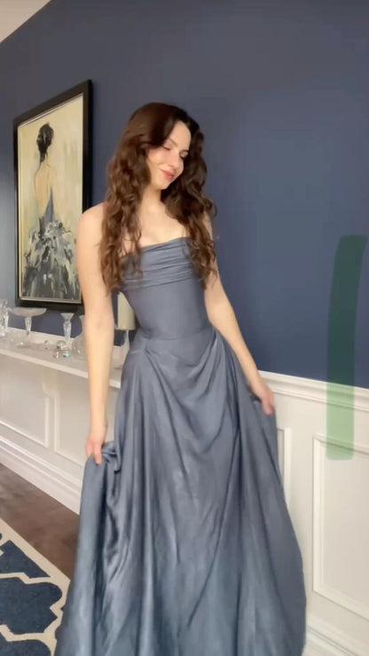 Formal A Line Gray Strapless Satin Without Sleeves Long Prom Dress, Evening Dress C6376