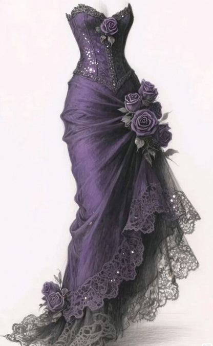 Vintage Mermaid Purple Strapless Satin Tulle Lace Without Sleeves Long Prom Dress, Evening Dress C6378