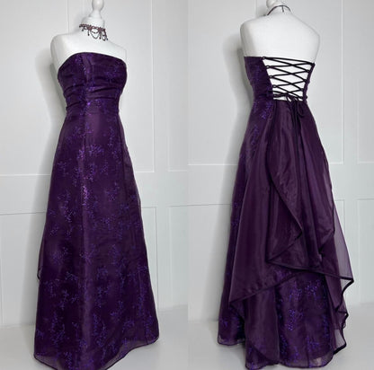 Classy A Line Strapless Dark Purple Satin Tulle Without Sleeves Long Prom Dress, Evening Dress C6379
