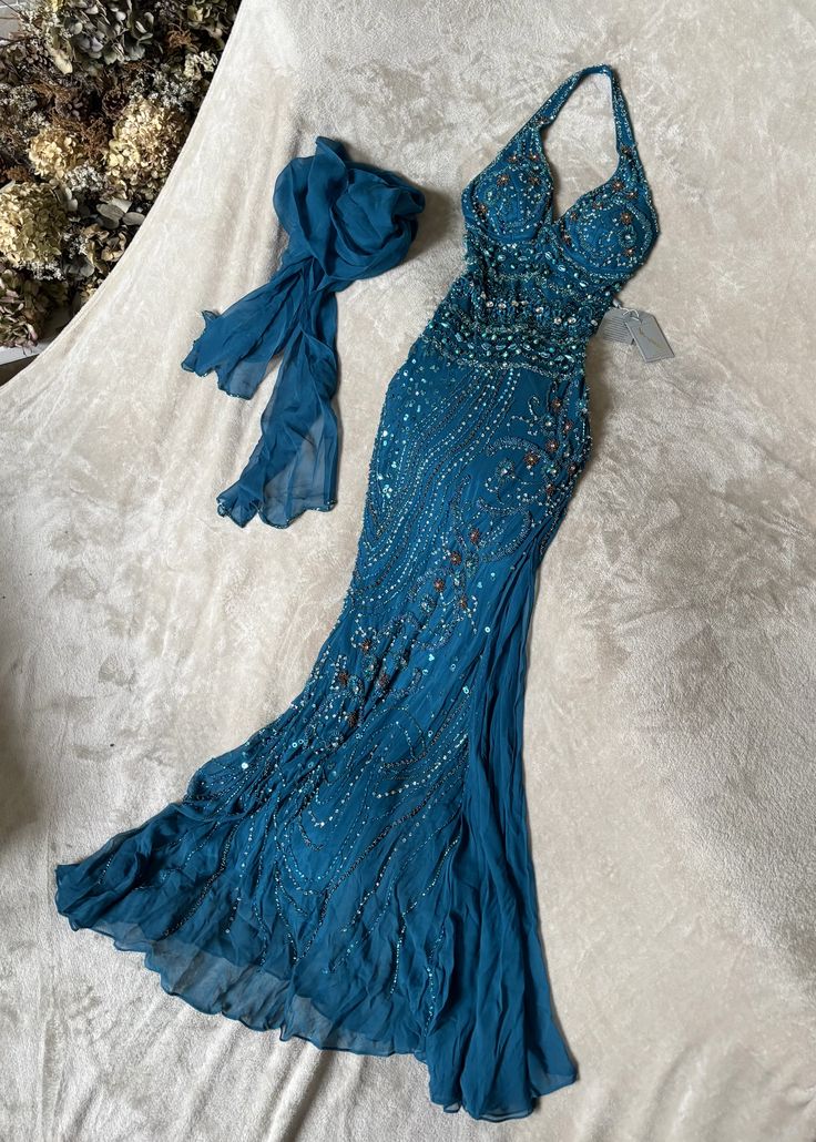 Gorgeous Mermaid Halter Chiffon Beaded With Scarf Without Sleeves Long Prom Dress, Evening Dress C6381