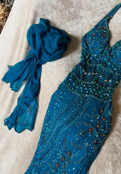 Gorgeous Mermaid Halter Chiffon Beaded With Scarf Without Sleeves Long Prom Dress, Evening Dress C6381