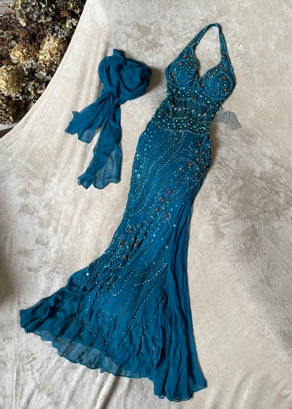 Gorgeous Mermaid Halter Chiffon Beaded With Scarf Without Sleeves Long Prom Dress, Evening Dress C6381