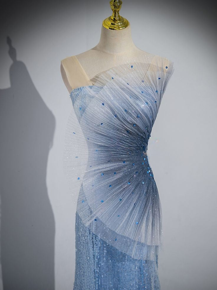 Sparkly Mermaid Strapless Tulle Sequin Beaded Without Sleeves Long Prom Dress, Evening Dress C6382