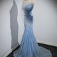 Sparkly Mermaid Strapless Tulle Sequin Beaded Without Sleeves Long Prom Dress, Evening Dress C6382