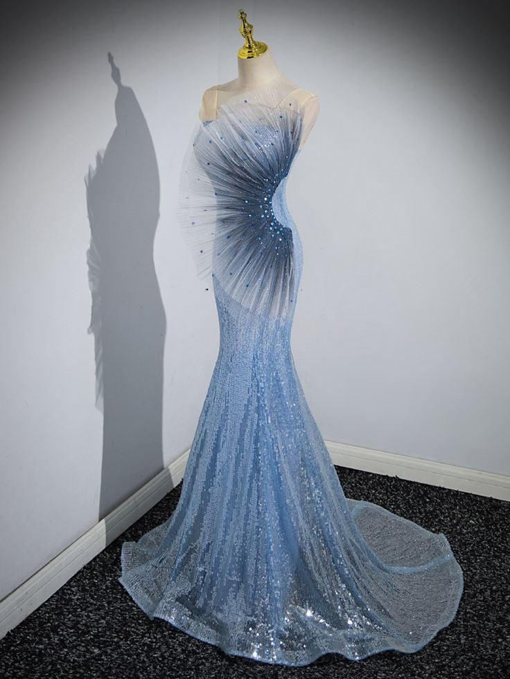 Sparkly Mermaid Strapless Tulle Sequin Beaded Without Sleeves Long Prom Dress, Evening Dress C6382