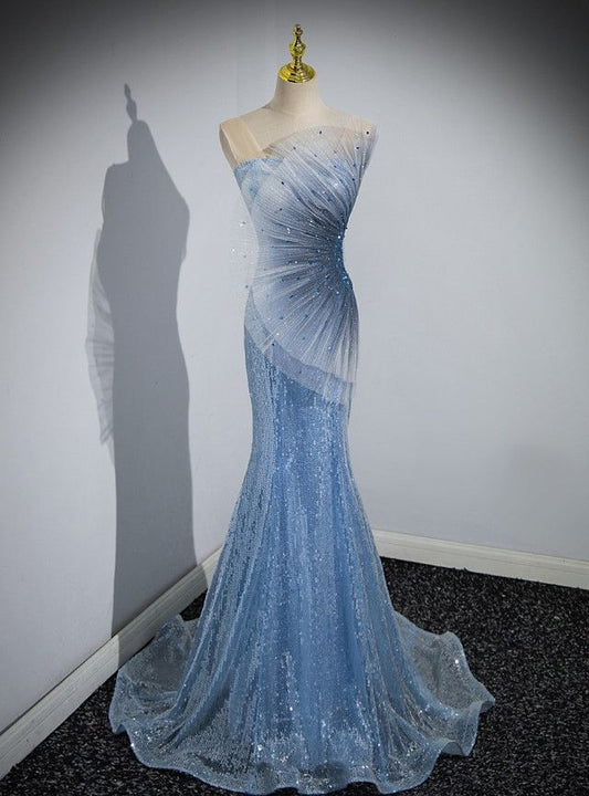 Sparkly Mermaid Strapless Tulle Sequin Beaded Without Sleeves Long Prom Dress, Evening Dress C6382