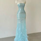 Unique Mermaid Strapless Sequin Feather Without Sleeves Long Prom Dress, Evening Dress C6385