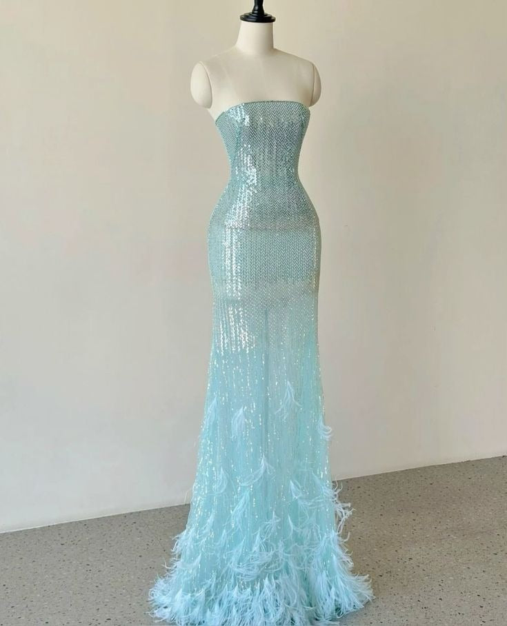 Unique Mermaid Strapless Sequin Feather Without Sleeves Long Prom Dress, Evening Dress C6385