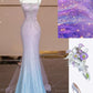 Gradient Mermaid Spaghetti Straps Satin Tulle Beaded Without Sleeves Long Prom Dress, Evening Dress C6386