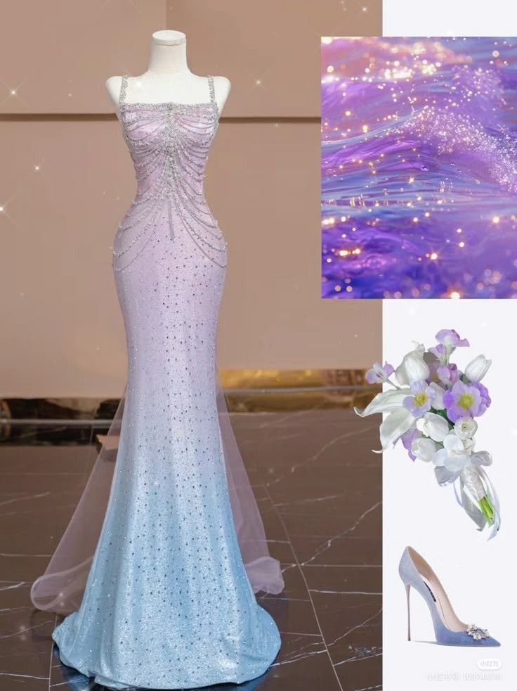 Gradient Mermaid Spaghetti Straps Satin Tulle Beaded Without Sleeves Long Prom Dress, Evening Dress C6386