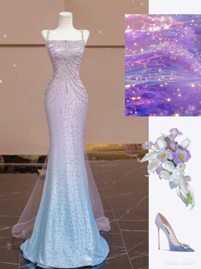 Gradient Mermaid Spaghetti Straps Satin Tulle Beaded Without Sleeves Long Prom Dress, Evening Dress C6386