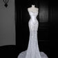 Gorgeous Mermaid Strapless White Satin Sequin Without Sleeves Long Prom Dress, Evening Dress C6389