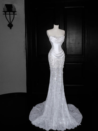 Gorgeous Mermaid Strapless White Satin Sequin Without Sleeves Long Prom Dress, Evening Dress C6389