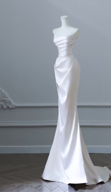 Elegant Mermaid Strapless Pleated Satin Without Sleeves Long Prom Dress, Evening Dress C6390