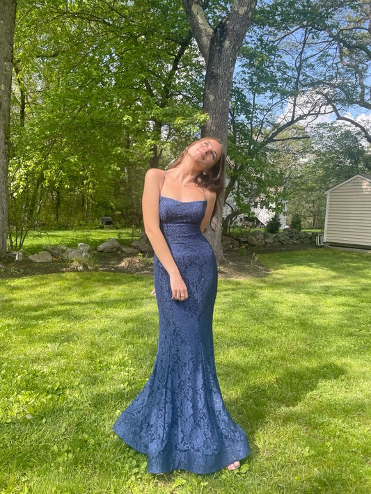 Navy Elegant Mermaid Halter Lace Without Sleeves Long Prom Dress, Evening Dress C6391