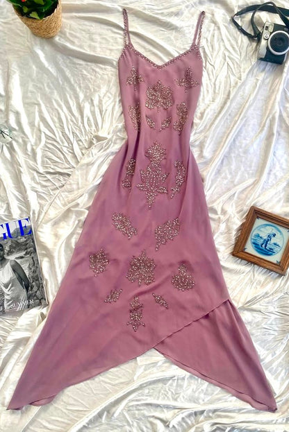 Robe de bal longue chic en mousseline de soie à fines bretelles et perles, sans manches, coupe trapèze, référence C6393